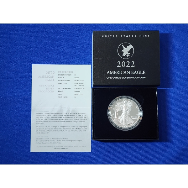 2022-W Silver American Eagle Proof $1 - 1 Troy oz .999 Fine Silver w/ Box & CoA