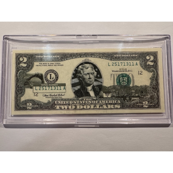 2003 United States Jefferson UTAH $2.00 Bill In Hard Case Holder - Mint Condition - RARE