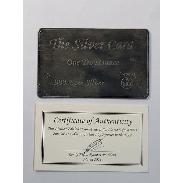 Pyromet 1 Troy Oz .999 Fine Silver Card With COA