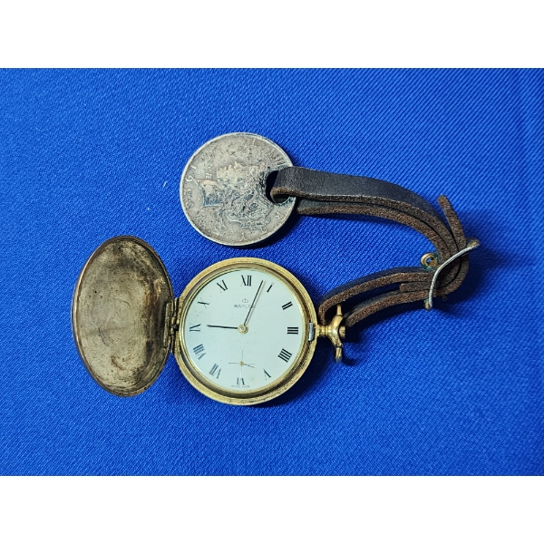 1923 90% Silver Peace Dollar & Baylor 17 Jewels Swiss Pocket Watch On Leather Keychain/Strap