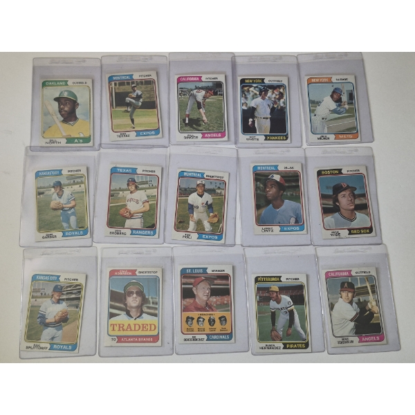 MINT 1974 TOPPS BASEBALL CARDS - 15 ASSORTED SLEEVED CARDS IN NEVER TOUCHED FRESH CONDITION 