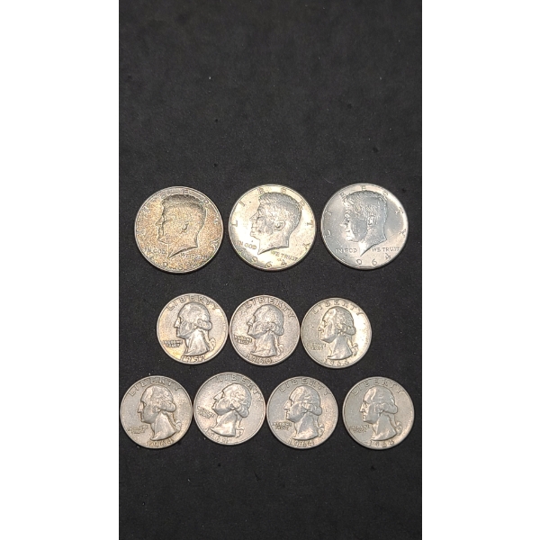 (3) 1964 90% Silver Kennedy Half Dollars & (7) Assorted Year 90% Silver Washington Quarters FV $3.25