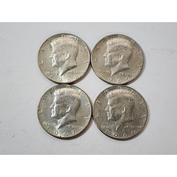 Four Assorted Years 40% Silver Kennedy Half Dollars FV: $2.00