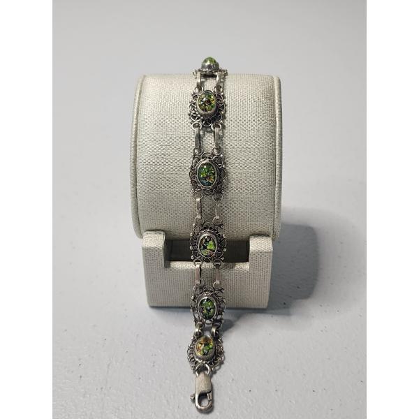 Vintage Sterling Silver Link 8" Bracelet With Green/Colorful Stones - TW: 15.1g