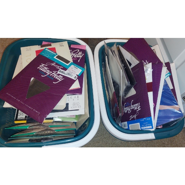 2 Large Totes / Tubs Of New In Packaging Unused Panty Hose & Variations - Plus sizes Included
