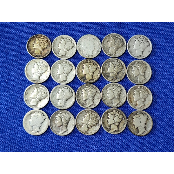 Lot of 20 Assorted Years Silver Mercury/Barber Dimes - 90% U.S. Silver - Face Value $2.00