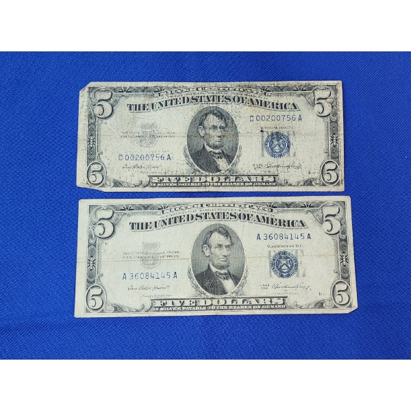 (2) 1953 United States Blue Seal $5 Silver Certificates