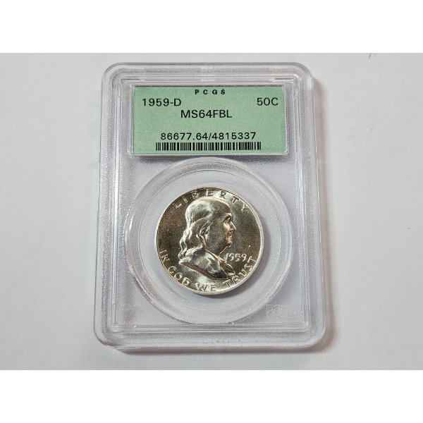 1959-D Franklin Half Dollar - 90% Silver - Graded PCGS MS 64 FBL