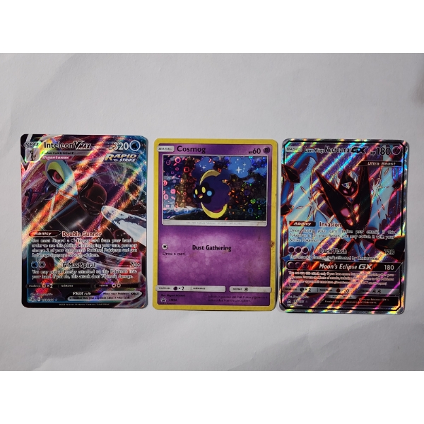 Three Holo Rare Pokemon Trading Cards Including Black Star Promo SM42 & Dawn Wings Necrozma GX 