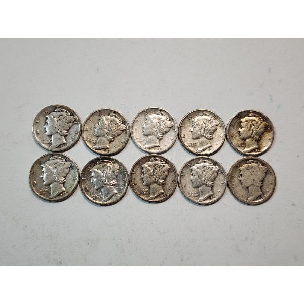 x10 Assorted Years 90% Silver Mercury Dimes Face Value $1.00