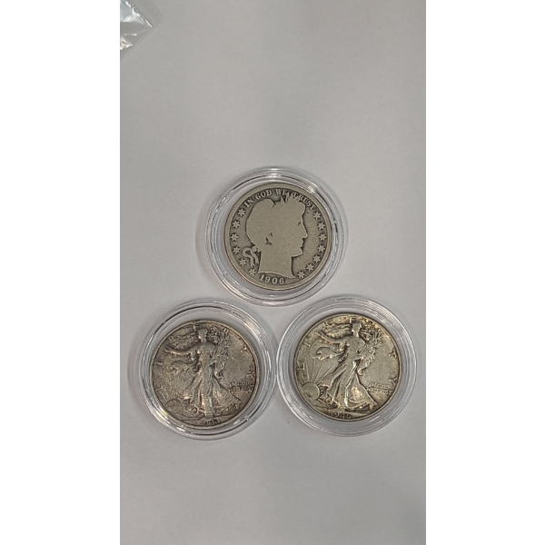 (3) U.S 90% Silver Half Dollars - 1906-O Barber Half, 1943-S & 1946 Walking Liberty Halves 