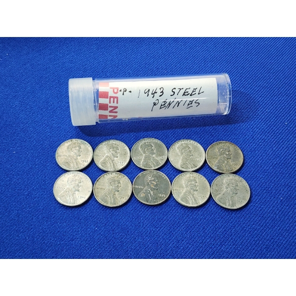 x10 1943-P Lincoln Steel Pennies with Plastic Coin Storage Tube