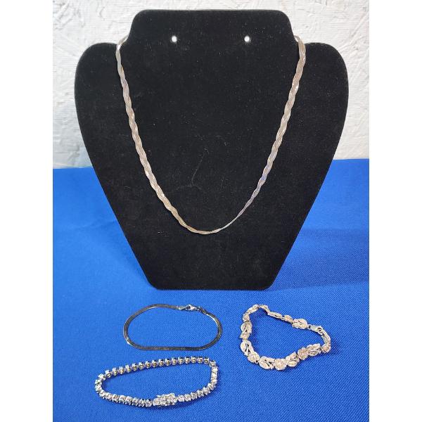 Sterling Silver Jewelry: Necklace & 3 Bracelets: Tennis, Rose Detail, & Herringbone: TW: 33.8g