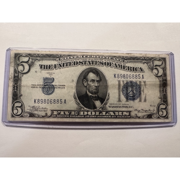 1934-A United States Lincoln $5.00 Silver Certificate In Protective Holder - Great Note
