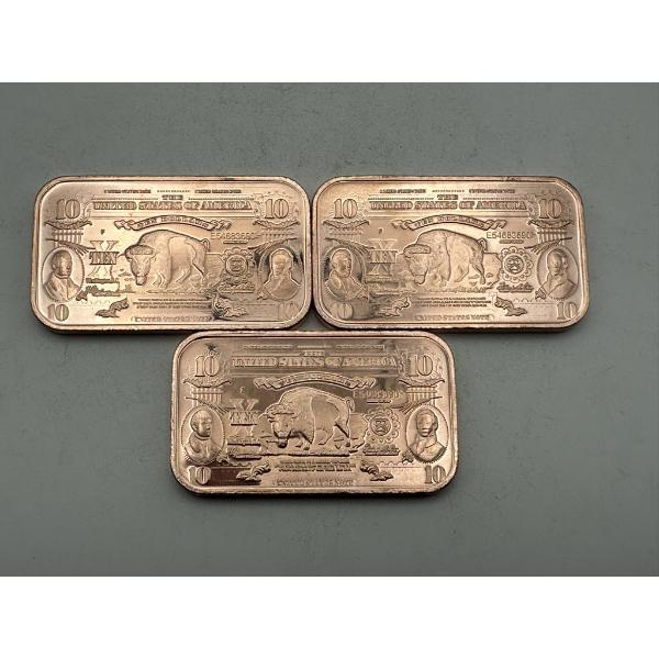 Three $10 'Bison Bank Note' 1oz .999 Copper Bars