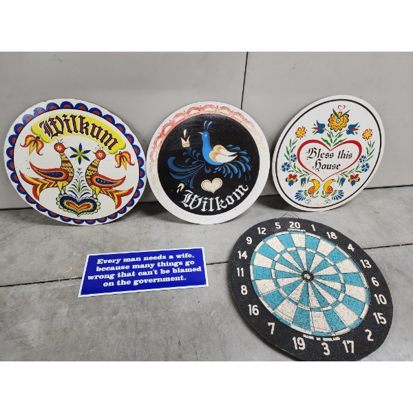 Assorted Decor: 3 Round Colorful Wooden Hex Signs, Dartboard, Text Metal Sign