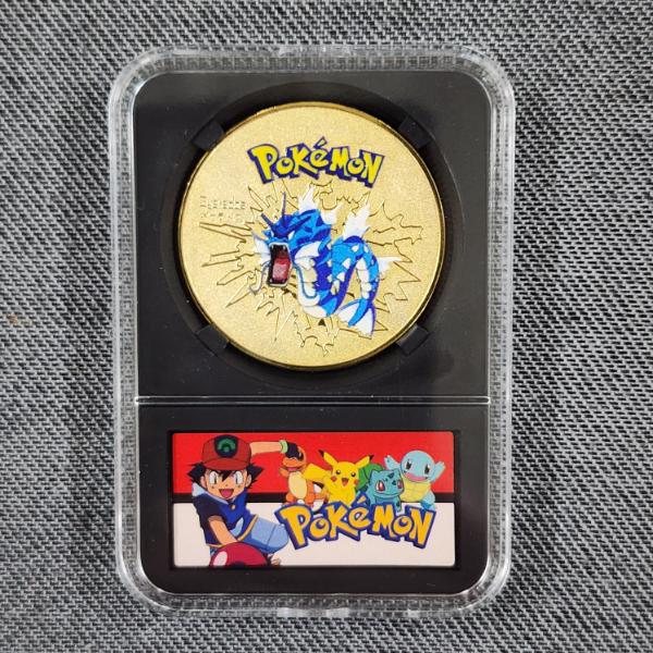 Rare Collectors Pokemon Gold Tone Coin in Slabbed Protector Featuring Gyarados