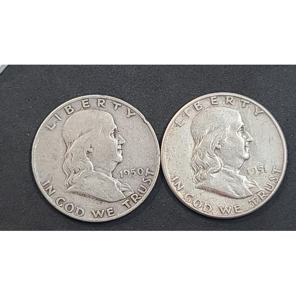 United States 1950-D & 1951 90% Silver Franklin Half Dollars - Face Value: $1.00