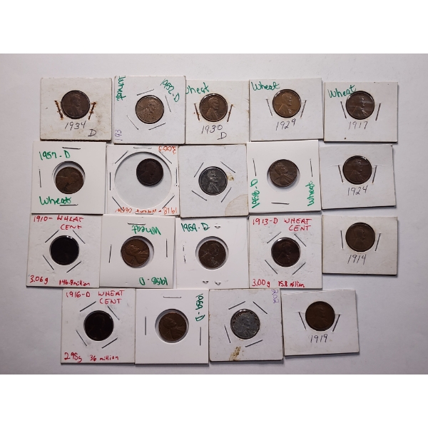 Nice Assortment of United States Pennies ~ NEARLY COMPLETELY WHEAT PENNIES ~ FACE VALUE = $0.19