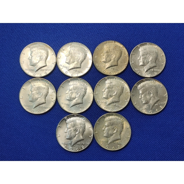 Lot of 10 Assorted Years 40% Silver Kennedy Half Dollars - Face Value: $5.00	