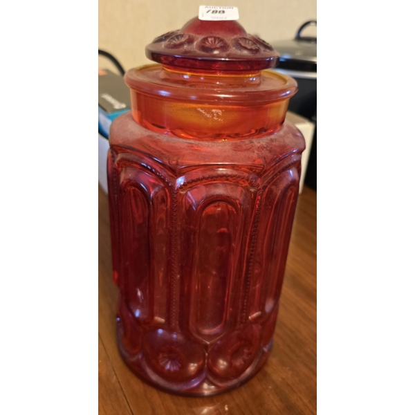 Moon and Stars Amberina Orange Red Vintage LE Smith 11" Canister Apothecary Jar