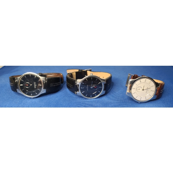 (3) Men's Skagen Quartz Leather Strap Watches - Condition Unknown