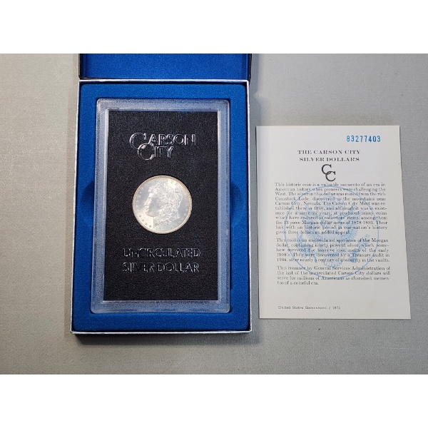 1883 Carson City Uncirculated Morgan Silver Dollar in Display