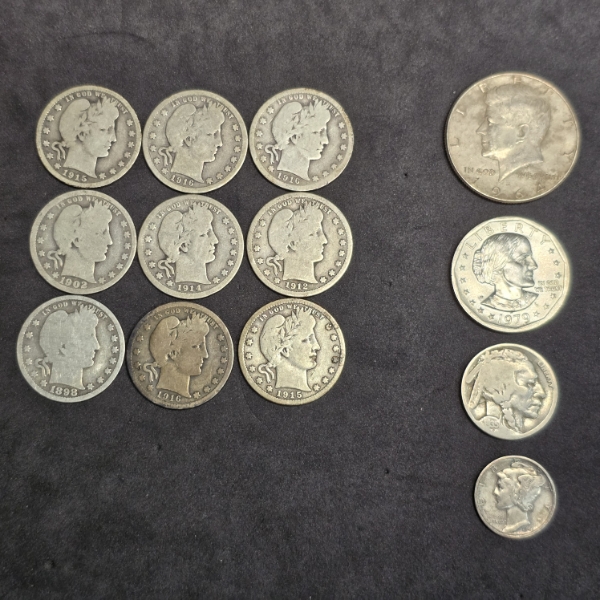 9 Barber Quarters, Kennedy 90% Half, Susan B Anthony, Buffalo Nickel & Mercury Dime - 3.90 FV