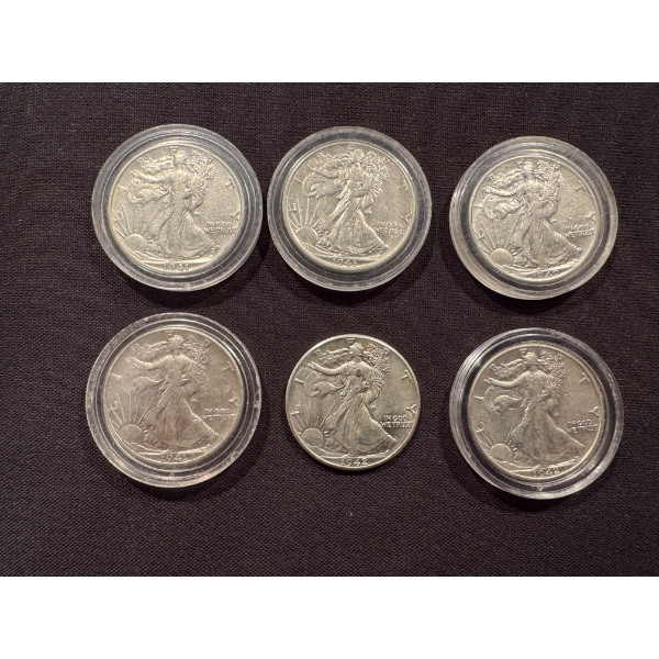 6 - Walking Liberty United States Silver Half Dollars - Exceptional Condition - $3.00 Face Value