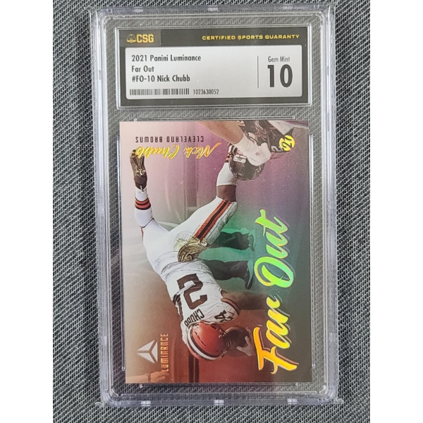 CSG Gem Mint 10 2021 Panini Luminance Far Out #FO-10 Nick Chubb Graded Football Card