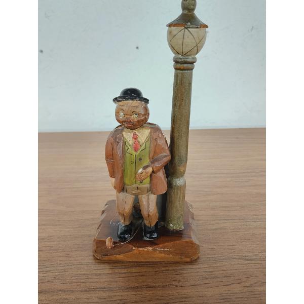 Vintage Wood Carved Man by Lamp Post Working Music Box - 10.5in