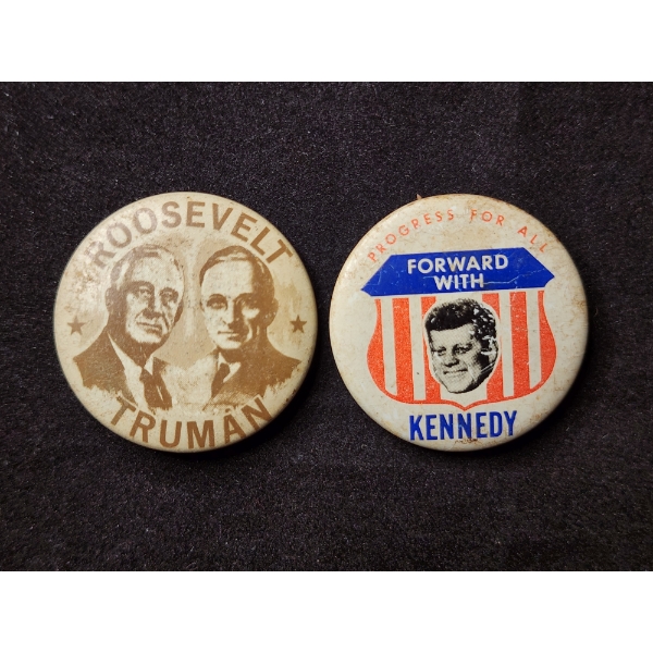 Two Political Campaign Buttons - Roosevelt & Truman Along With "Forward With Kennedy" 