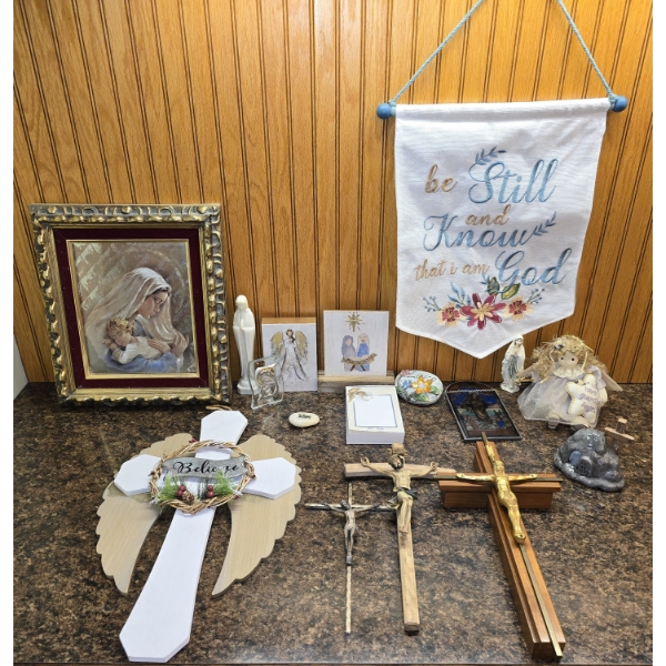 Assortment of Religious Items incl 15" Walnut Crucifix & More