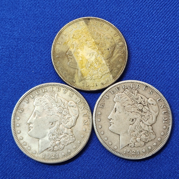 Three 1921 Silver Morgan Dollars - 90% Silver U.S. Coins 