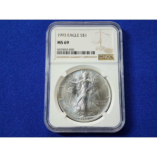 1993 $1 American Siver Eagle 1 oz Fine Silver Graded by NGC MS 69