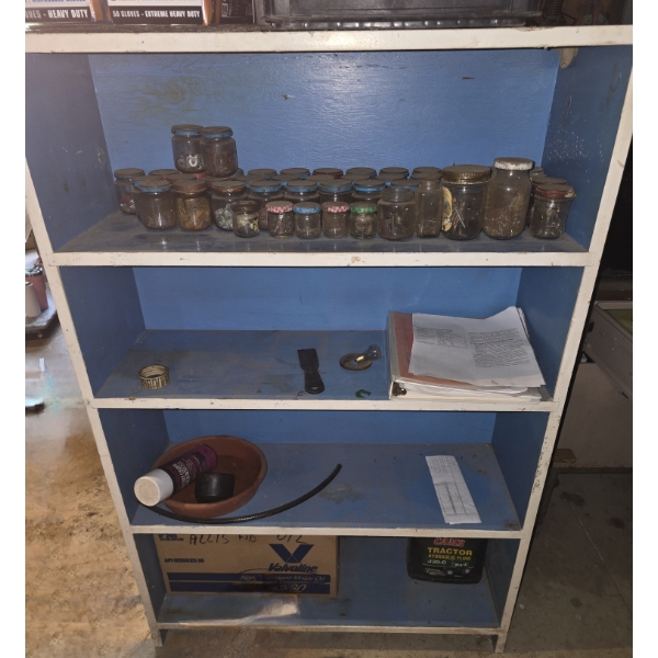Bookcase with Contents - Jars are all full of fasteners, odds and ends