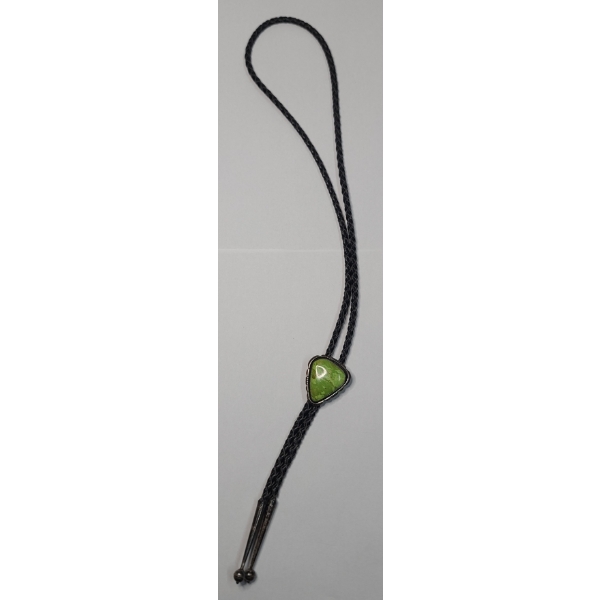 Western Style Leather Bolo Tie With Sterling Silver Hardware & Beautiful Green Stone 
