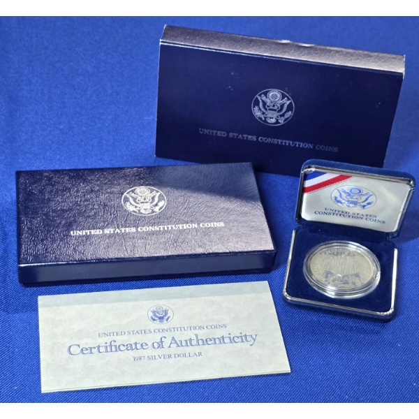 1987- S United States Constitution Bicentennial 90% Silver Dollar $1 Coin w/ Box & COA