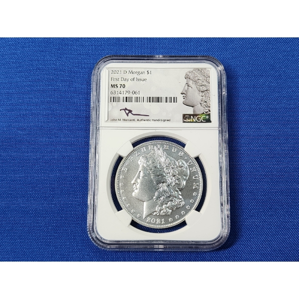 2021-D Morgan Silver Dollar - .999 Silver! - (FDI) - Signed by Mercanti - Graded by NGC MS 70