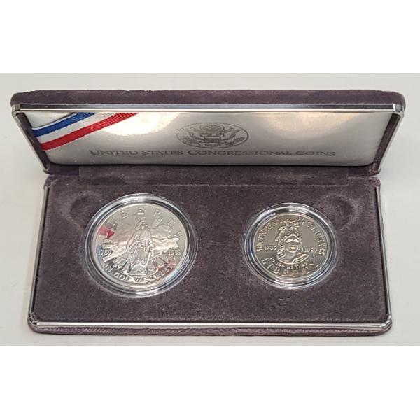 1989 United States Congressional Coin 2-Coin Proof Set Featuring 90% Silver Dollar 