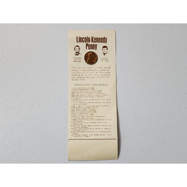 1973 -D Lincoln-Kennedy Penny "Astonishing Coincidences" Info Card
