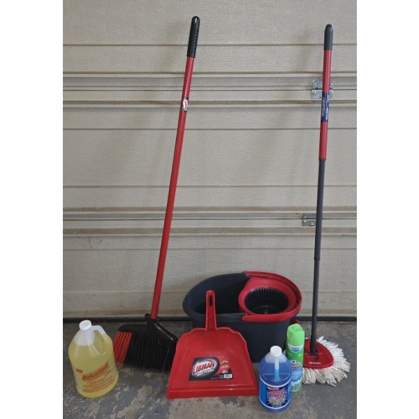 Cleaning Bundle - Broom, Dustpan, Spin Bucket, Mop, and Cleaning Solutions