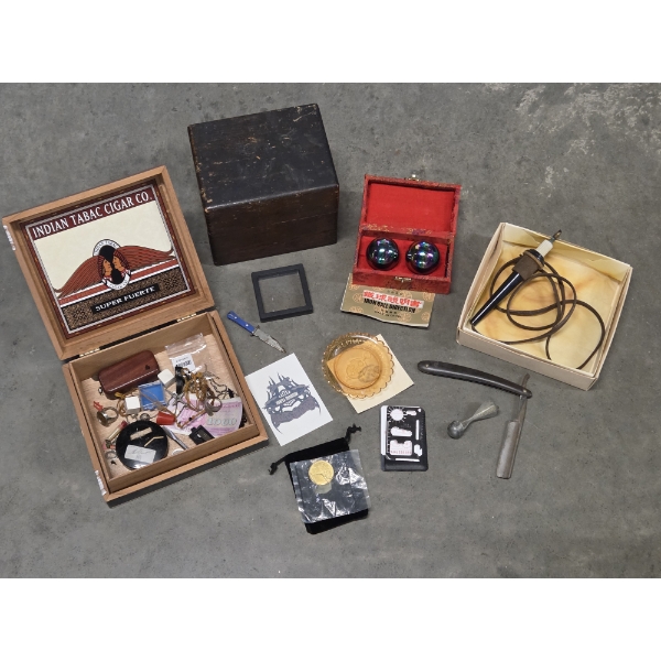 Neat Vintage Cigar Box With Wood Burner, Wood Box, Vintage Straight Razor, Mini Knife & More