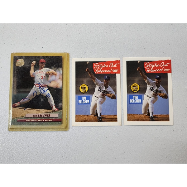 1992 Fleer Ultra Tim Belcher Autographed Card & 2 1989 "Strike Out Tobacco" Cards