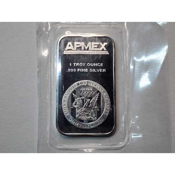 One Troy Ounce AMPEX .999 Fine Silver Bar Featuring American Eagle Design