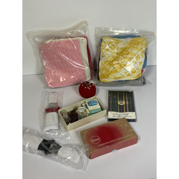 Sewing Material - Assorted Fabric Squares - Pin Cushion - Scissors (2) -Sewing Hooks - Mending Kits 