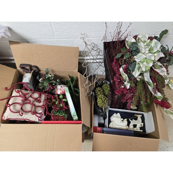 2 Boxes of Assorted Christmas Decor incl Card holder, Signs, Porcelain Sleigh and More