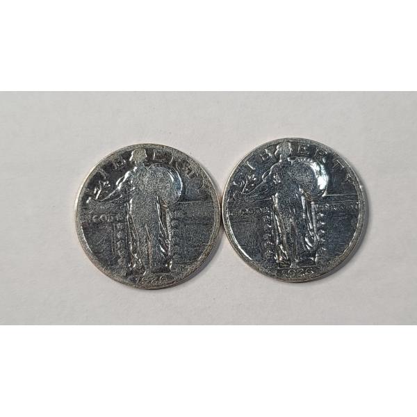 (2) Polished United States 1926 90% Silver Standing Liberty Quarters - Face Value: $0.50