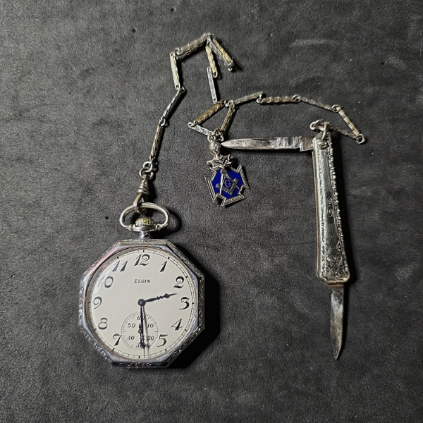 Elgin Pocket Watch with Chain, Folding Knife and Masonic Charm