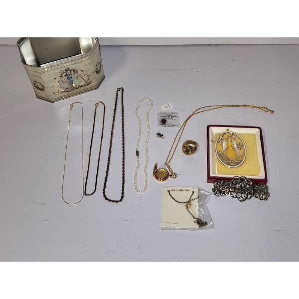 Assorted Costume Jewelry and Accessories Including Tin, Necklaces, Earrings and 14K Gold-Tone